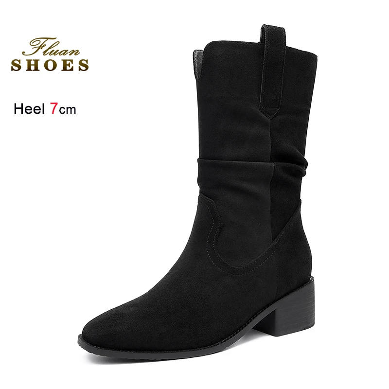

New Women's Suede Mid-calf Boots 2026 Brand Designer Casual Pleated Shoes Woman Fashion Thick Heel 7CM Height Increasing Boots