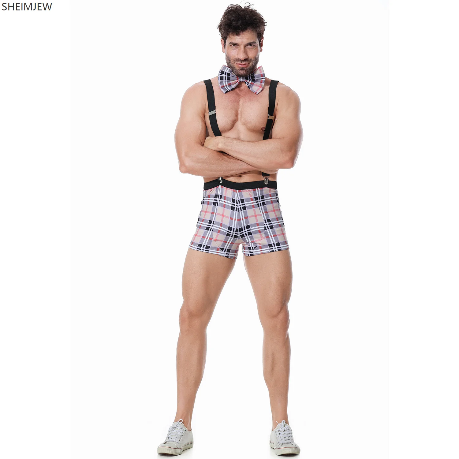 

Men's Bar Nightclub Sexy Waiter Uniform Adult Underwear Bow Plaid Suspenders Party Cosplay Costume Halloween Suspenders 2025