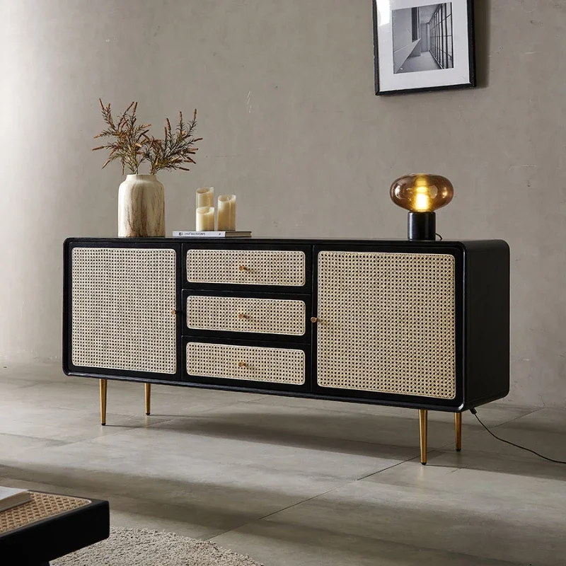 

Nordic Solid Wood Three-Bucket Cabinet Modern Minimalist Rattan Locker Drawer Locker Low Cabinet