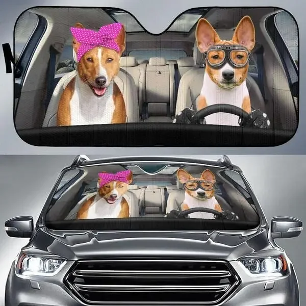 Funny Basenji Driving Headband and Eyeglasses Dog Couple Car Sunshade, Gift for Basenji Dog Mom Lover, Car Windshield Durable Au