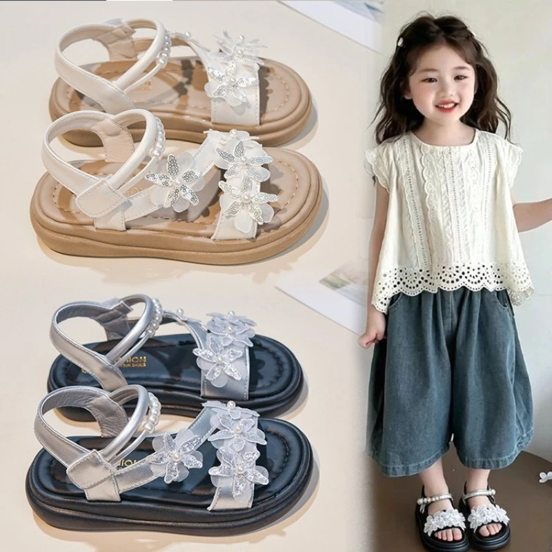 

Summer Kids Rhinestone Dress Sandals Sweet Flower Girls Breathable Sandals for Wedding Party Open-toe Children Princess Sandals