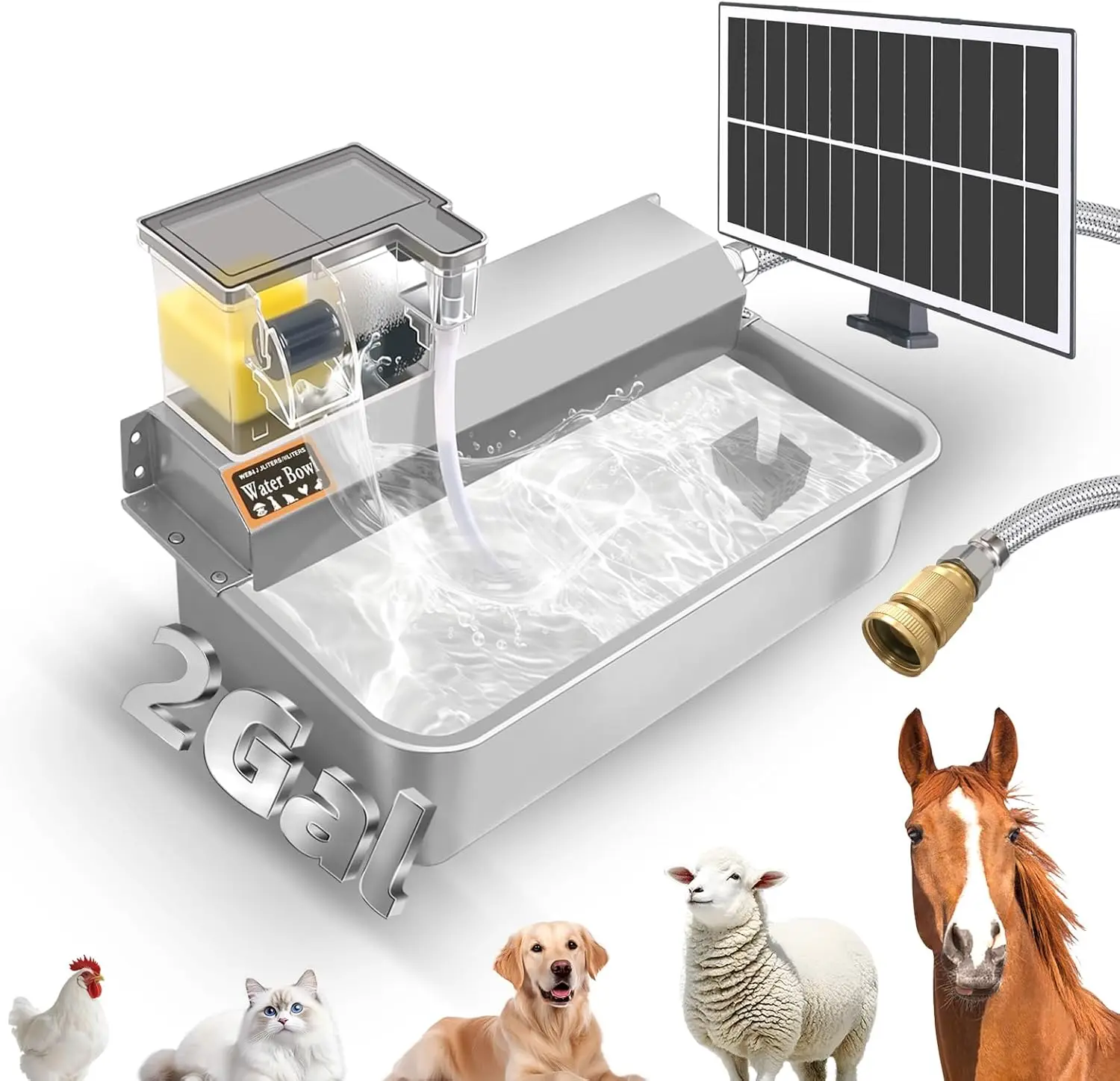 

Automatic Pet Water Dispenser, 2-Gallon Stainless Steel Solar Bowl for Dogs Cats Livestock, Indoor Outdoor Use