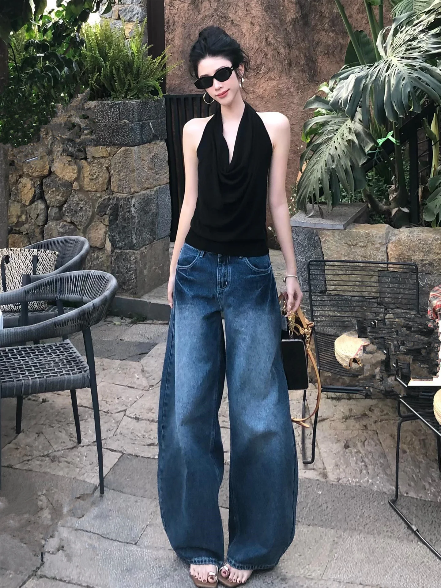 

Американские джинсы-клеш Deep Blue Scythe для женщин, летние, свободные, удлиненные, с широкими штанинами, с высокой талией, из хлопка, повседневные