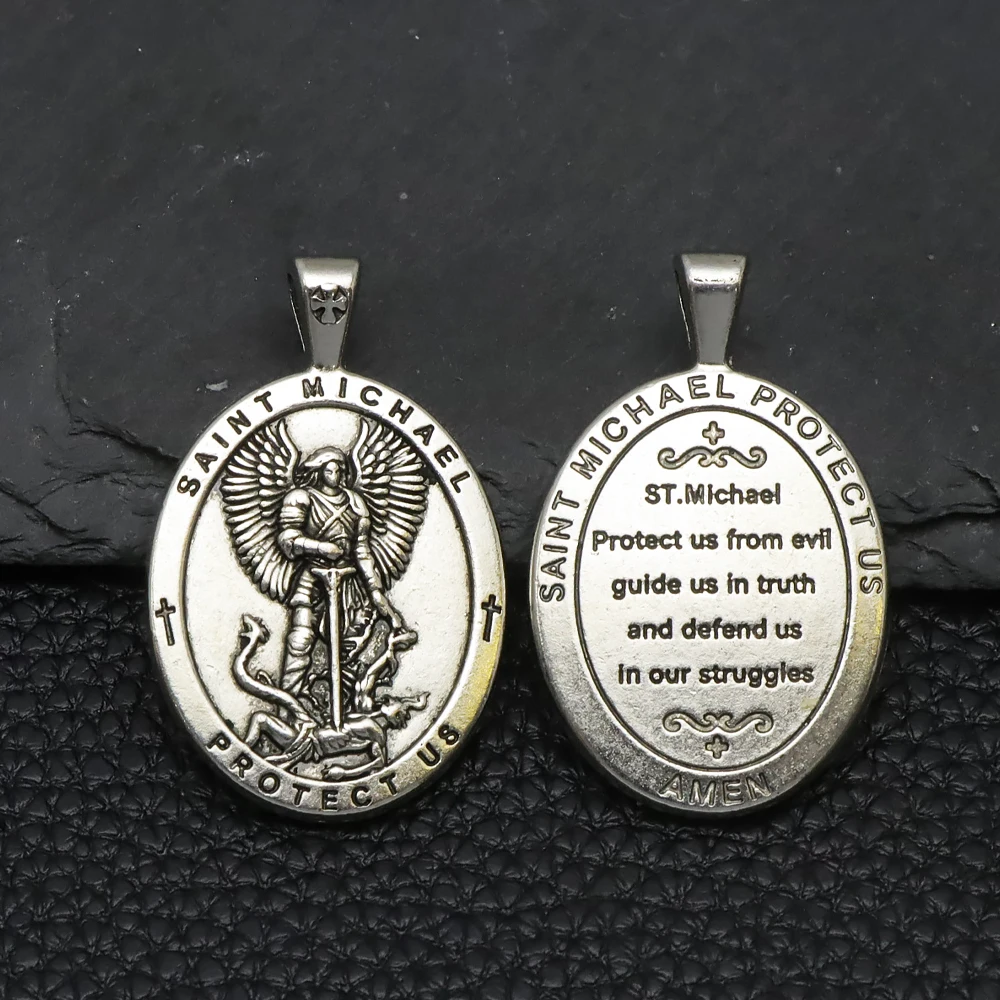 4pcs Saint Michael Archangel Oval Medal Pendant Vintage Protection Cross Charm DIY Necklace Bracelet Jewelry Making Supplies