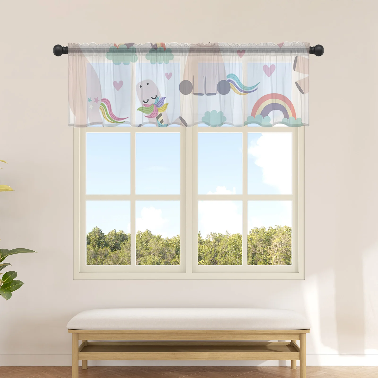 Cartoon Seahorse Rainbow Wooden Horse Small Window Curtain Tulle Sheer Short Curtain Bedroom Living Room Home Decor Voile Drapes