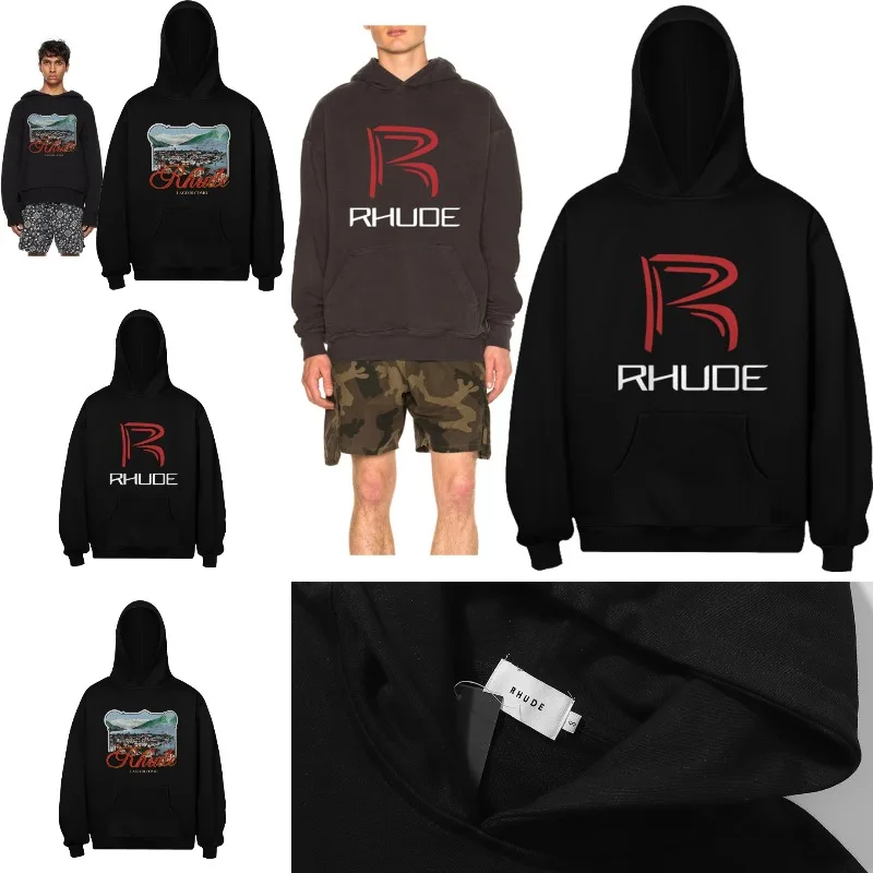 

Stock American Style Streetwear High Quality Black Casual Loose Rhude Hoodie Men Women Letter Pattern Printed Hooded Sweatshirt