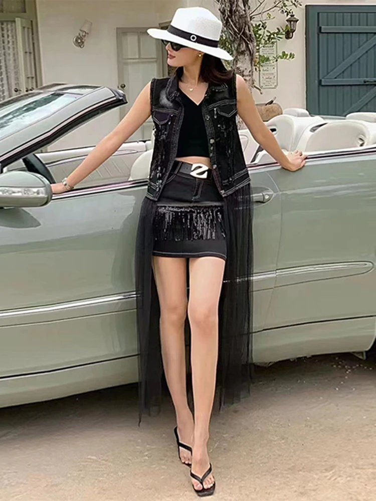 Women's Mid-Length Sleeveless Heavy Embellished Denim Mesh Trim Jacket Breathable Thin Outerwear Commute Style Cotton Blend