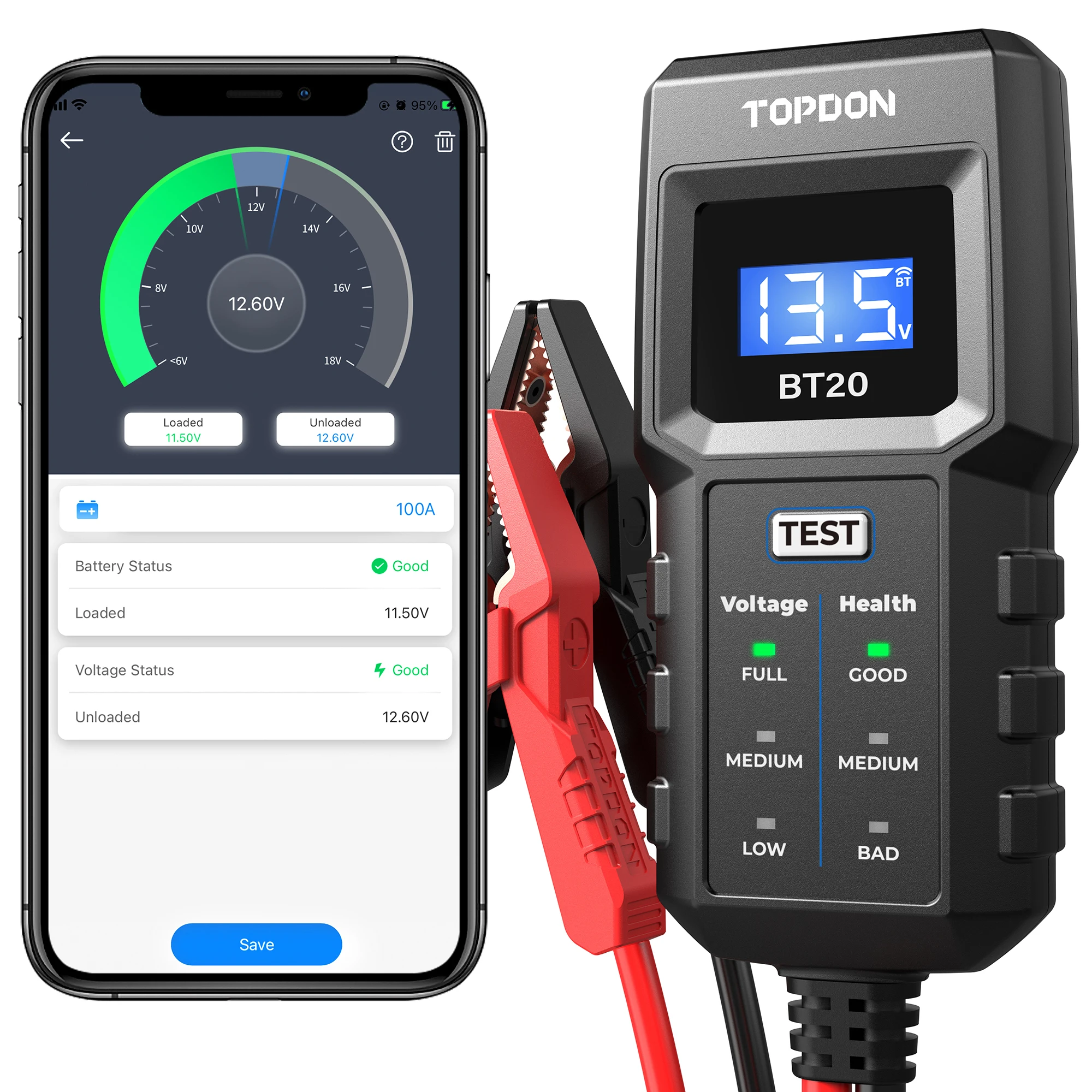 

TOPDON BT20 Lead Acid 12V Battery Cranking Charging Vehicles Automotive Motorcycle Car Battery Tester Analyzer