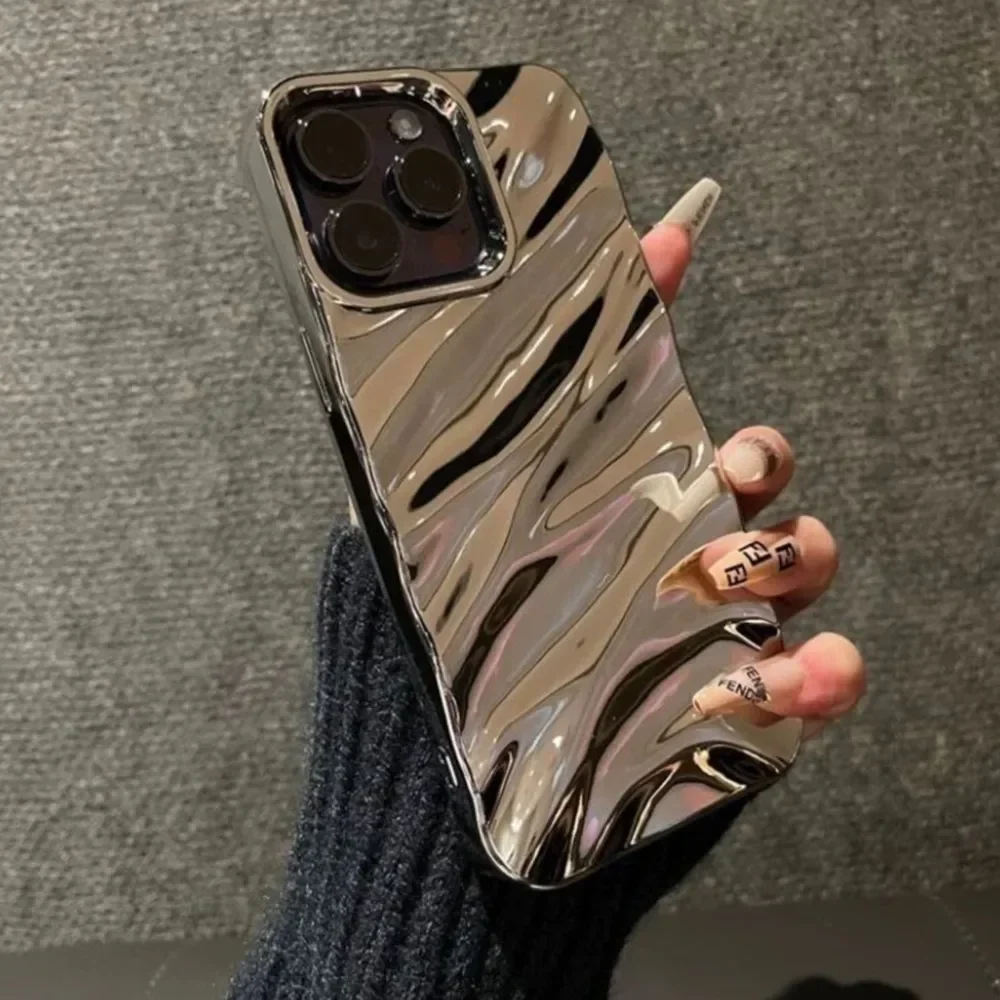 

Luxury Plating 3D Wave Pattern Glossy Case For iPhone 16 15 14 13 12 11 Pro Max X XS Max XR 7 8 Plus Fashion Bright Bumper Cover
