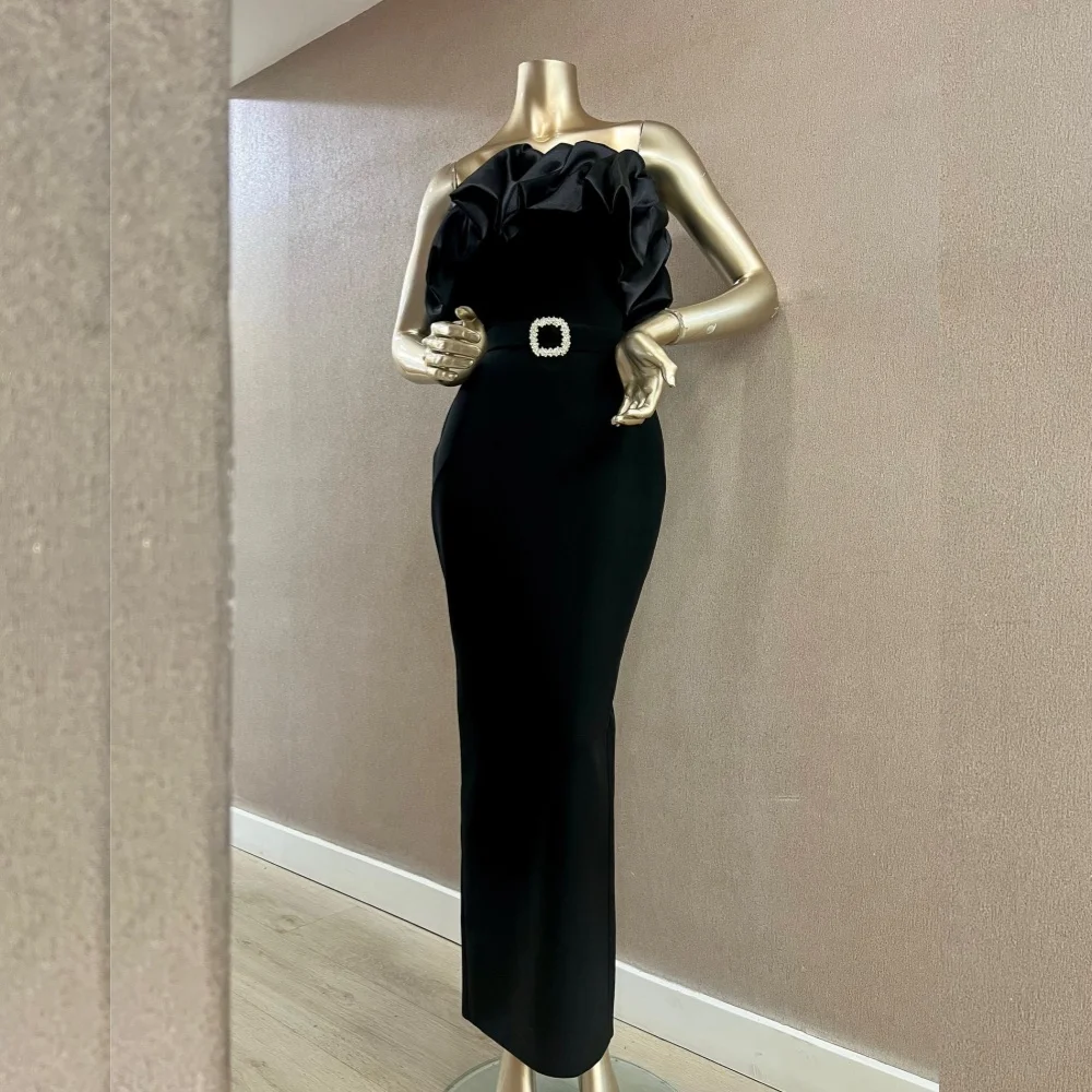 

Черные прямые платья миди без бретелек из джерси с поясом по индивидуальному заказу, вечерние женские элегантные вечерние свадебные платья для гостей на заказ