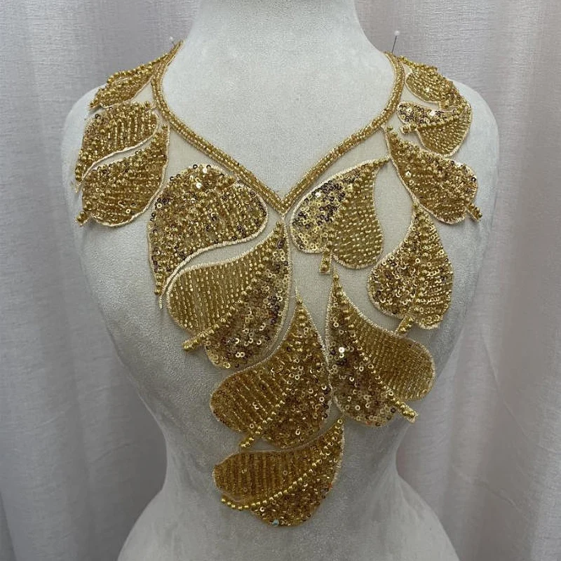 Golden Sequin Bead Lace Flower Patch for DIY