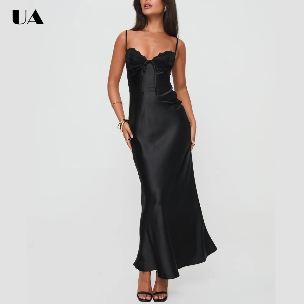 ULBYANRY Customized Satin Lace V-neck Prom Dresses for Women Sexy Backless Evening Dress Summer New Spaghetti Strap Party Dress