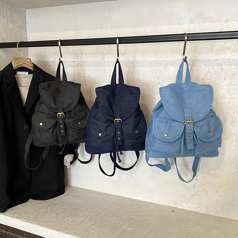 

Korean Version Multi-pocket Drawstring Backpack Women's 2025 Summer Large-capacity Versatile Denim Commuter Travel Backpack