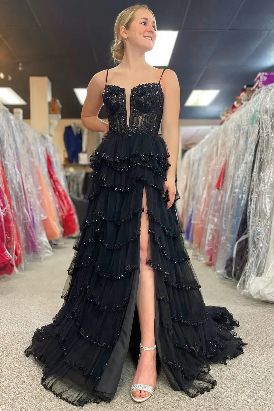 Tulle Spaghetti Straps A-line Prom Dresses Square Collar Appliques Sequins Party Cake Dress Backless High Split Evening Gowns