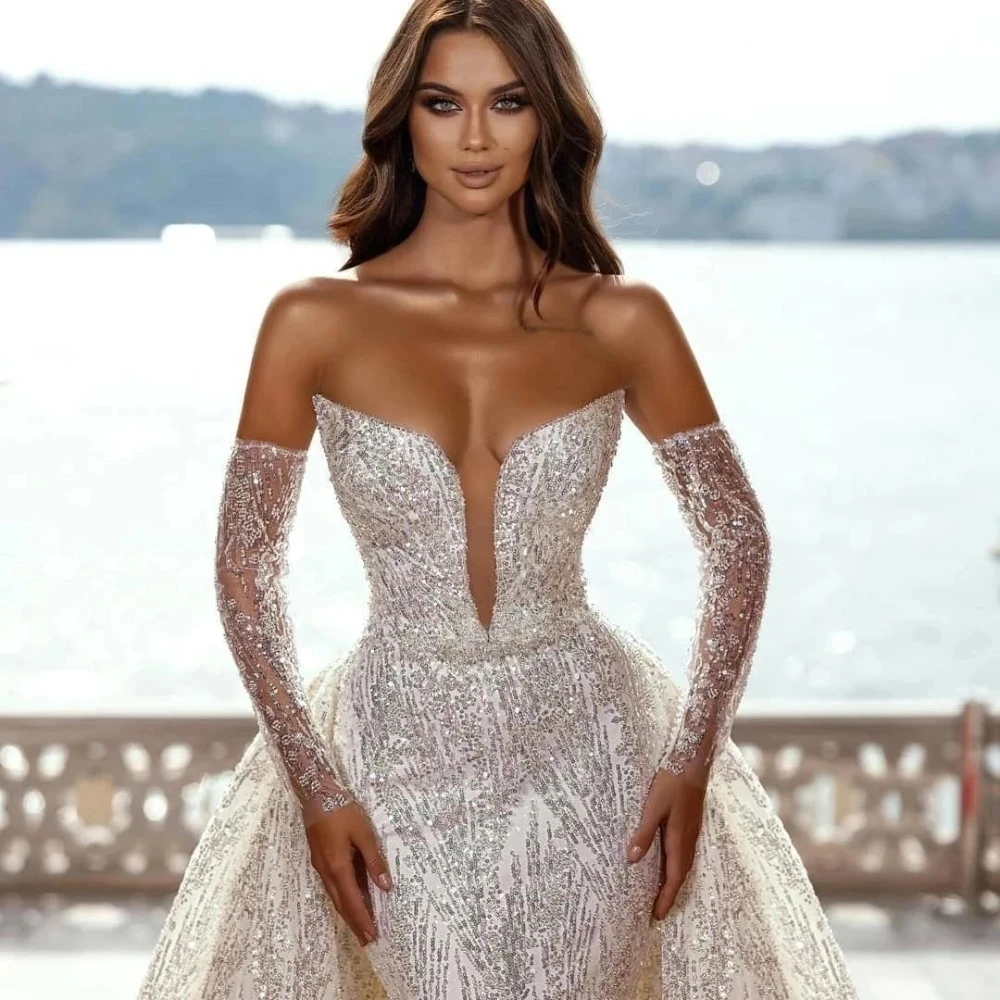 

2024 Luxury Mermaid Wedding Dress With Detachable Train Sexy Deep V-Neck Backless Sparkly Sequined Beaded Bridal Gown