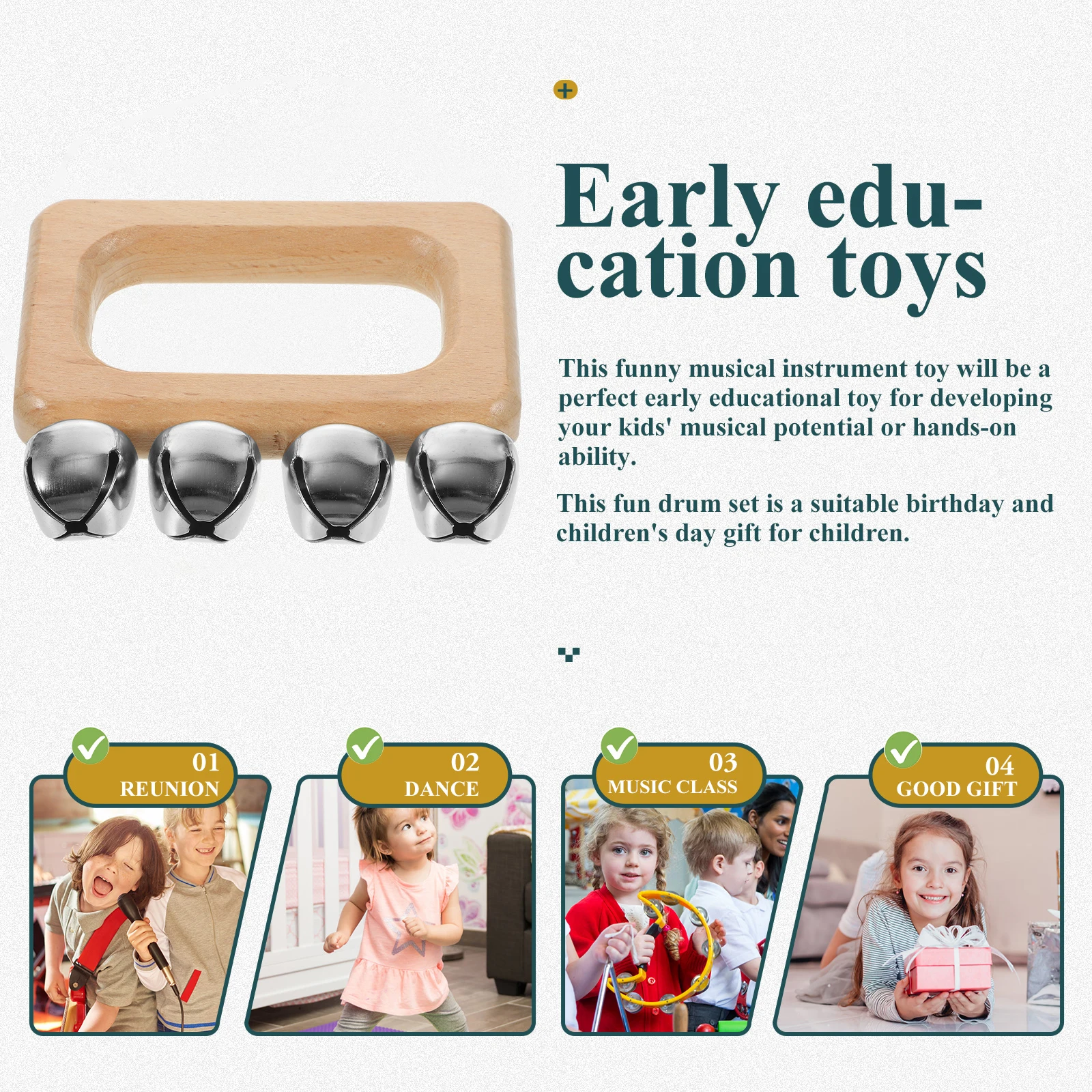 

1pcs Hand Bell Shaker Musical Instrument for Kids Toddler Bells with Wooden Handle Baby Instruments Children Music Toy