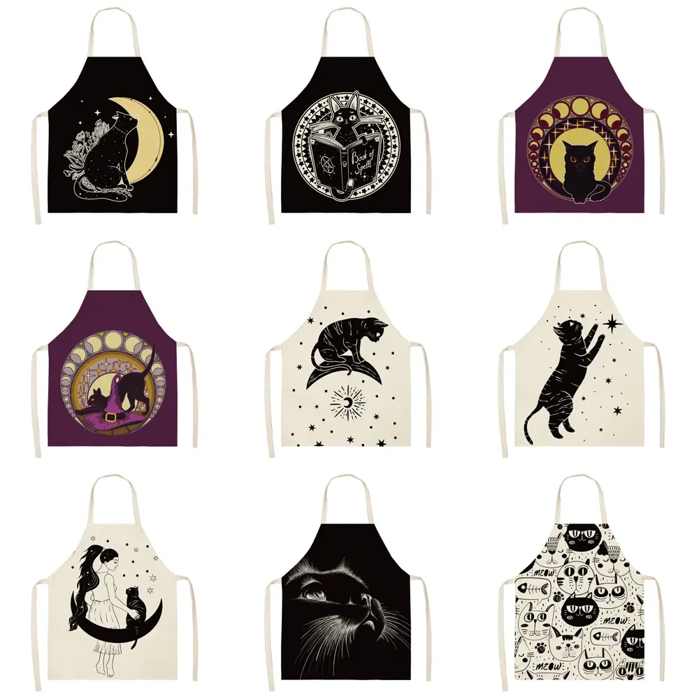 Black Cute Cat Printed Kitchen Cooking Baking Aprons 55x68cm Sleeveless Cotton Linen for Women Man Home Delantal Cocina