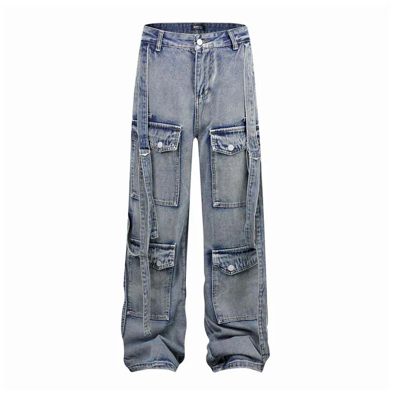 

Hi Street Blue Cargo Jeans Pants With Ribbons Patchwork Streetwear Denim Trousers For Male Loose Fit