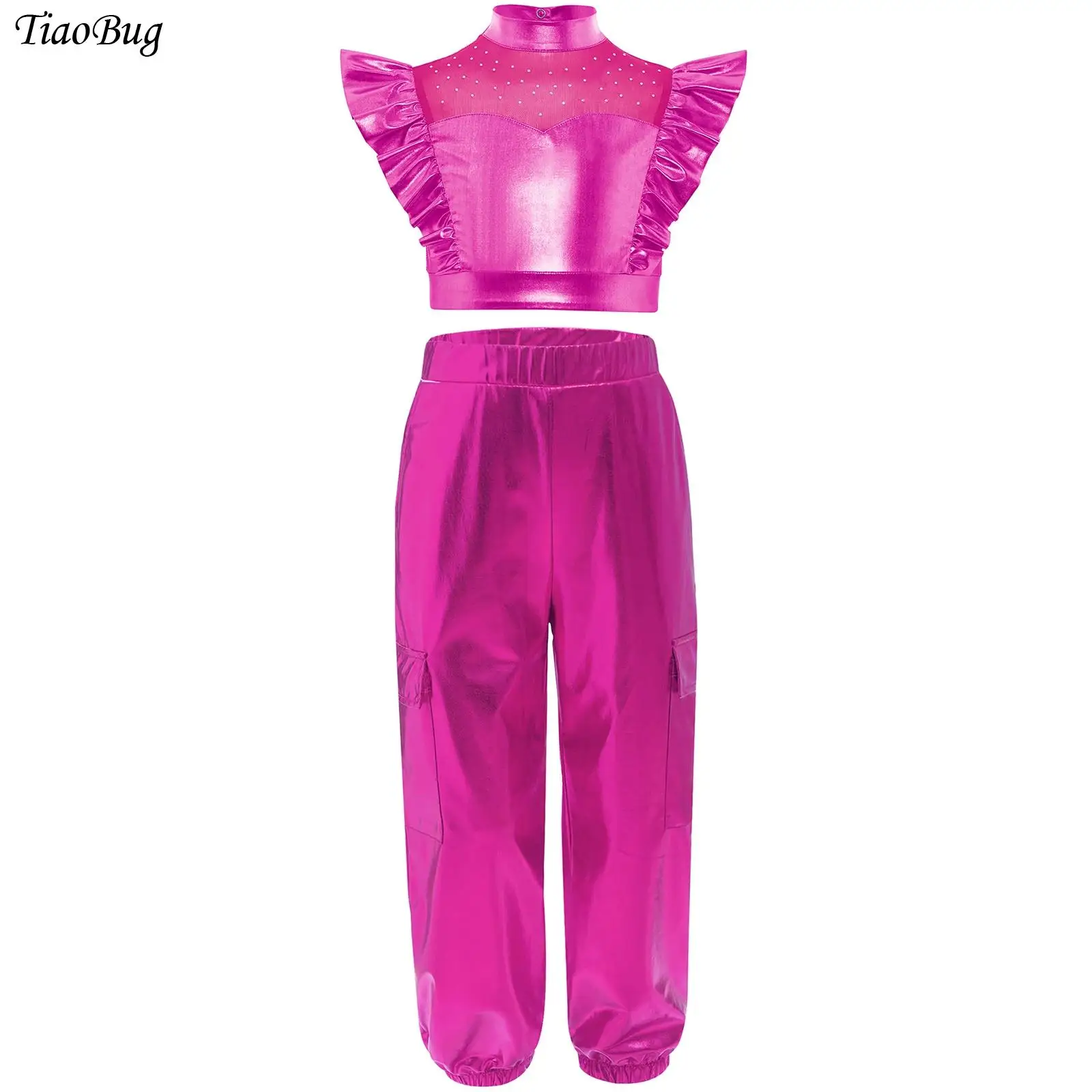 

Kids Girls Hip-Hop Set Jazz Dance Outfits Mock Neck Rhinestone Mesh Sleeveless Metallic Shiny Ruffle Crop Top with Cargo Pants