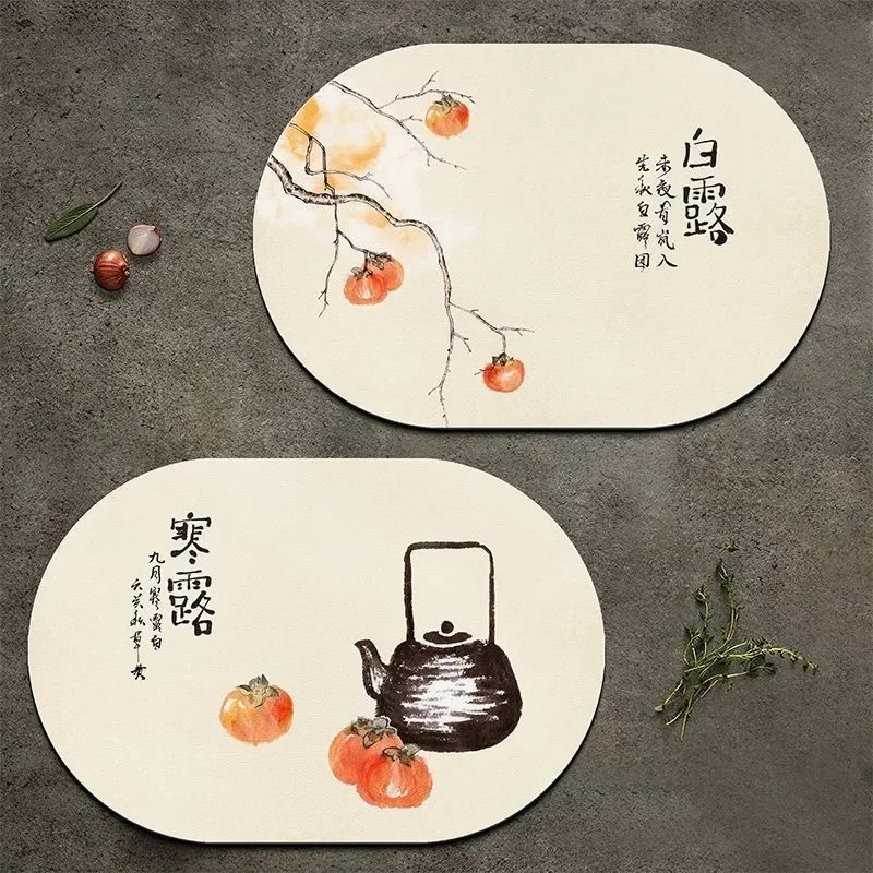Round PVC Leather Placemat with Chinese 24 Solar Terms, Waterproof Oil-Proof Heat Resistant Dining Table Mat