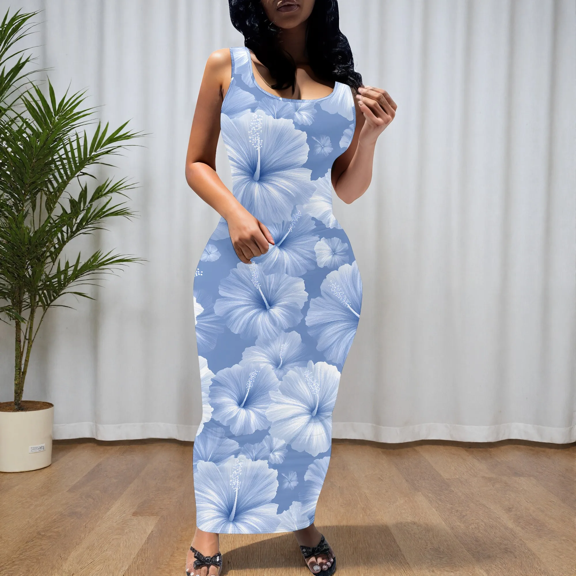 Floral Print, Sleeveless Tank Dress, Blue Hibiscus Pattern, Summer Beach Maxi Dress, Bodycon Fit for Women, S-2XL