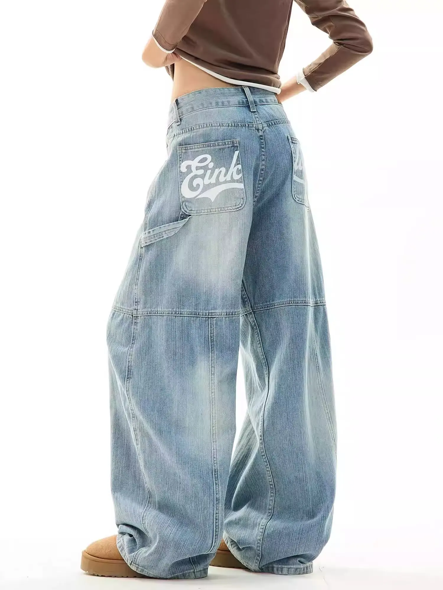 

Letter Print Wide Leg Jeans Women 2025 Bleached Pocket High Waist Loose Cargo Pants High Street Korean Fashion Denim Pants New