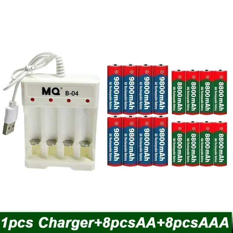 100% New 1.5V Rechargeable Battery AA 9800mah+AAA 8800mah+USB Charger Set Alkaline Technology Suitable for Remote Control Shaver