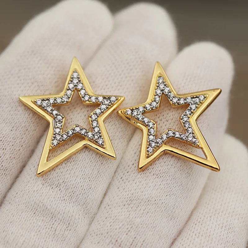New Sight Design Luxury Zirconia Star Stud Earrings for Women Fashion Brand Brand Jewelry Hollow Geometric Earrings