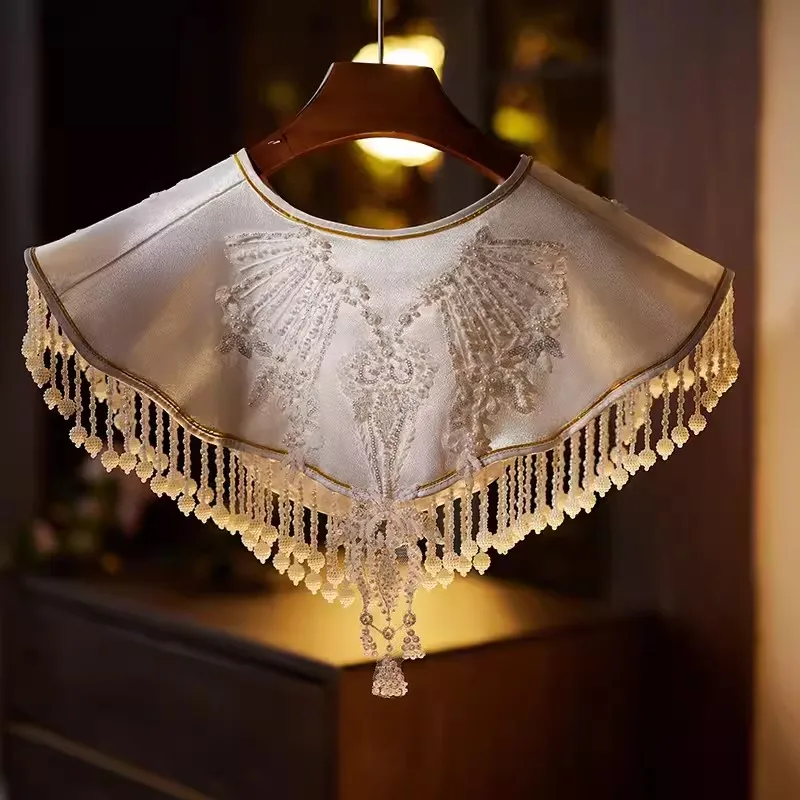 

Women's Spring Summer Embroidery Luxury Beaded Tassel Pashmina Female Autumn Winter Chinese Vintage Lace White Shawl Cloak R910