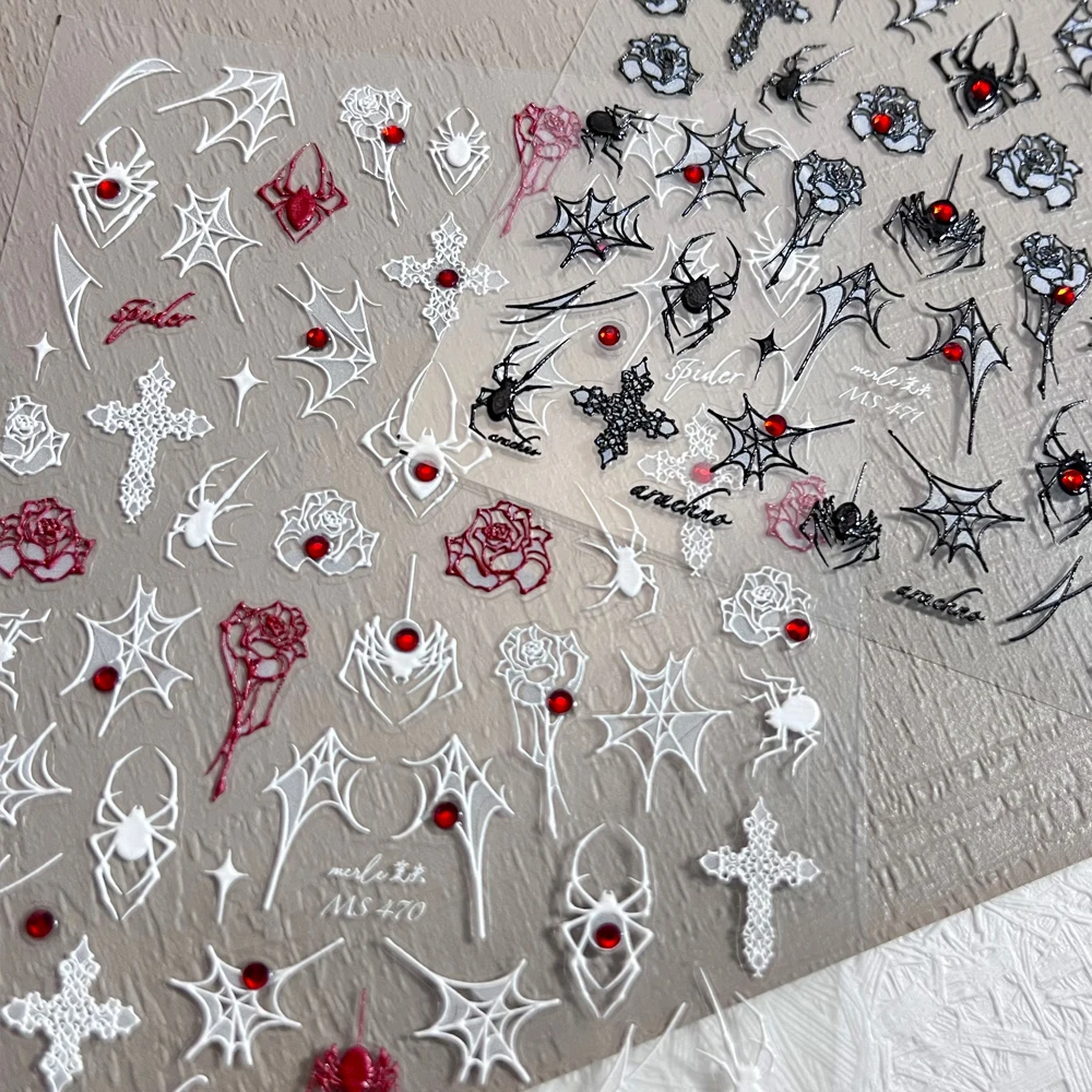 1 قطعة 5D أسود أبيض العنكبوت ويب ارتفع مسمار ملصقات الشرير الأحمر الماس روز الصليب مسمار الشارات Y2K مثير مانيكير الديكور المتزلجون م