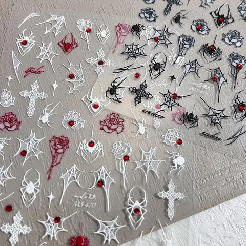 1pcs 5D Black White Spider Web Rose Nail Stickers Punk Red Diamond Rose Cross Nail Decals Y2K Sexy Manicure Decoration Sliders M