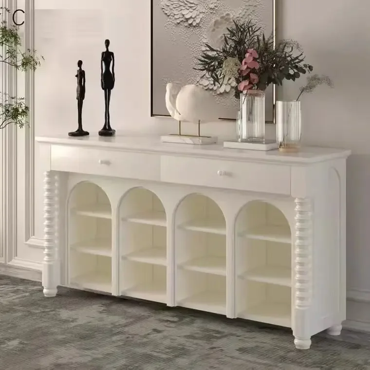 Milk white side cabinet Arched door Solid wood pillar TV cabinet
