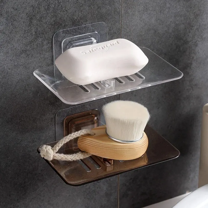 Transparent Soap Rack No Drilling Wall Mounted Layer Soap Holder Soap Sponge Dish Bathroom Accessories Soap Dishes Self Adhesive