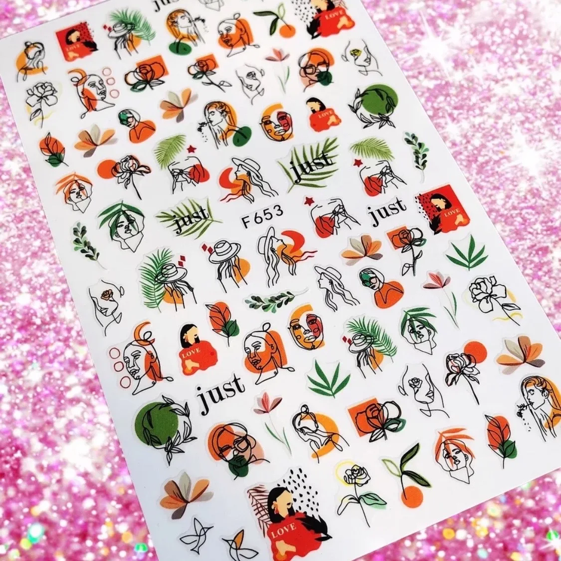 컬러 추상 얼굴 기하학적 선 3D 백 글루 네일 스티커 네일 아트 장식 셀프 접착 네일 장식품 HL101