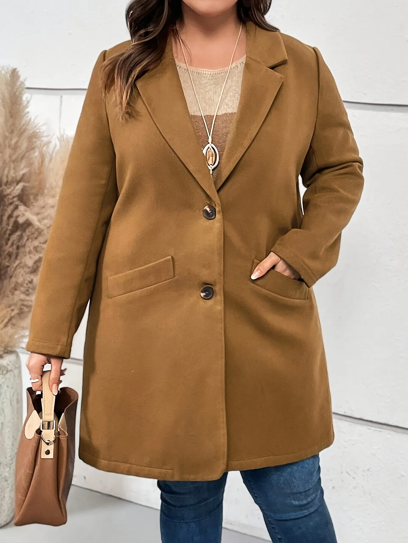 Manteau à col femme marron clair élégant grande taille