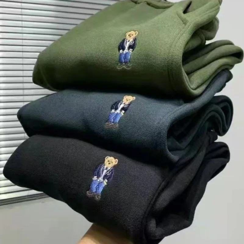 Embroidered Little Bear Legged Casual Pants Men Winter New Double Sided Velvet Fabric Thick Men's Winter Windproof Trousers