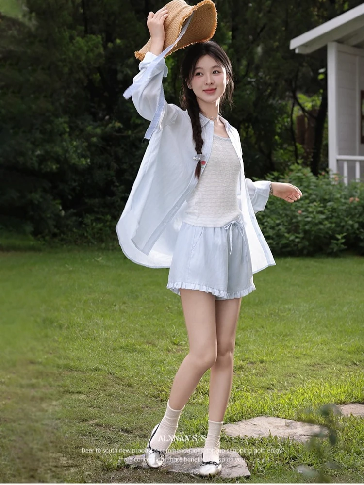 Alxnan shorts femininos azul casual perna larga baggy shorts 2025 verão cintura elástica cordão renda design calças curtas l56568dk