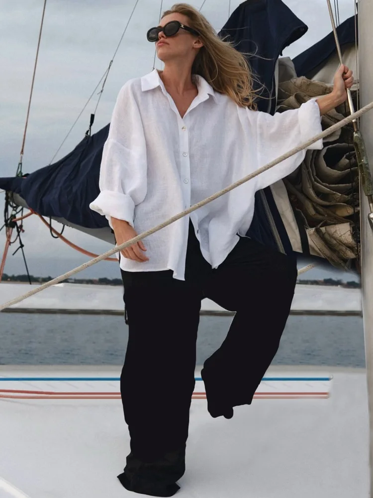 

Белая женская льняная рубашка с длинным рукавом, элегантная розовая блузка большого размера, винтажная весенняя базовая хлопково-льняная рубашка с верхним воротником для женщин