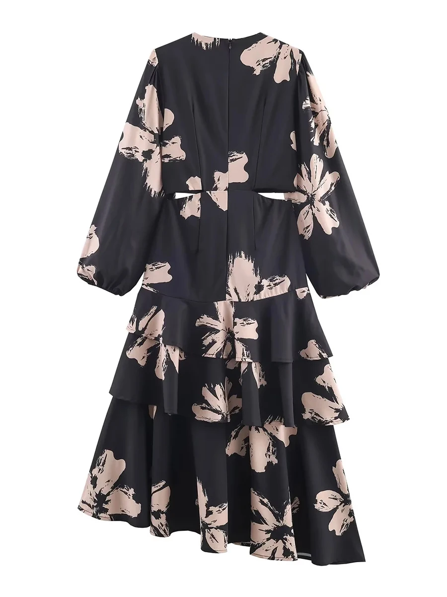 Vestidos Midi Femininos com Estampa Floral Sofisticada VGH, Design com Recorte na Cintura e Barra em Camadas para Reuniões Casuais de Negócios