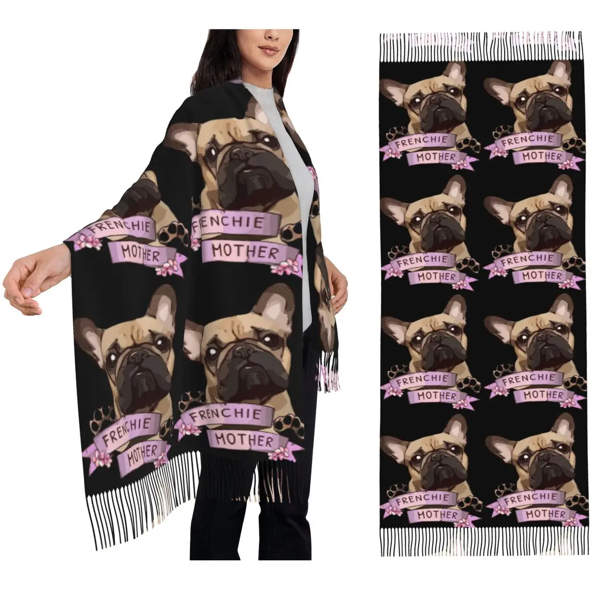 フレンチブルドッグ愛好家向け フレンチブルドッグママ スカーフ タッセル付きスカーフ レディース ソフトで暖かいショールとラップ ロング 秋 冬 ショール ラップ