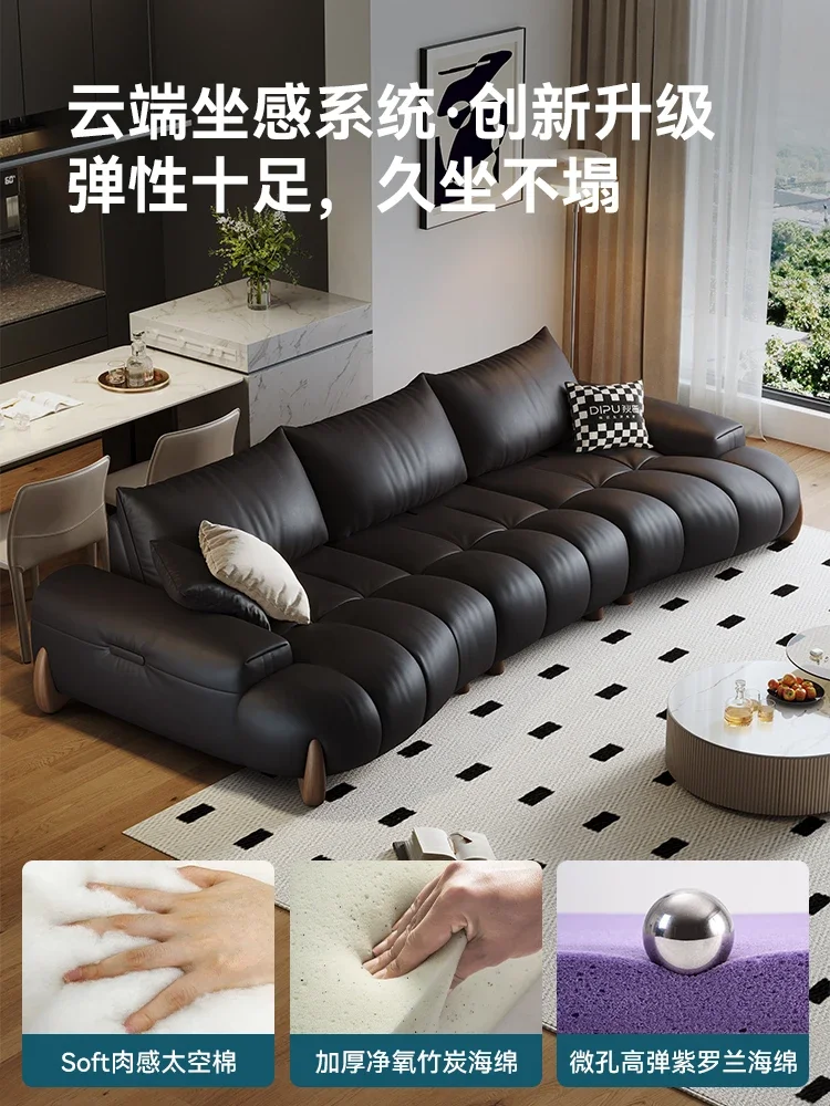Retro leather sofa living room simple modern Italian light luxury 2025 new straight row black cowhide sofa
