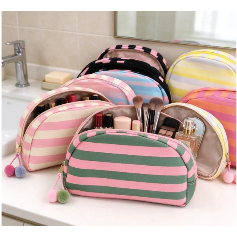Dopamine Striped Shell Makeup Bag for Women, Canvas Portable Travel Toiletry Bag, High Value Multi Color Stripes Outdoor Cosmeti