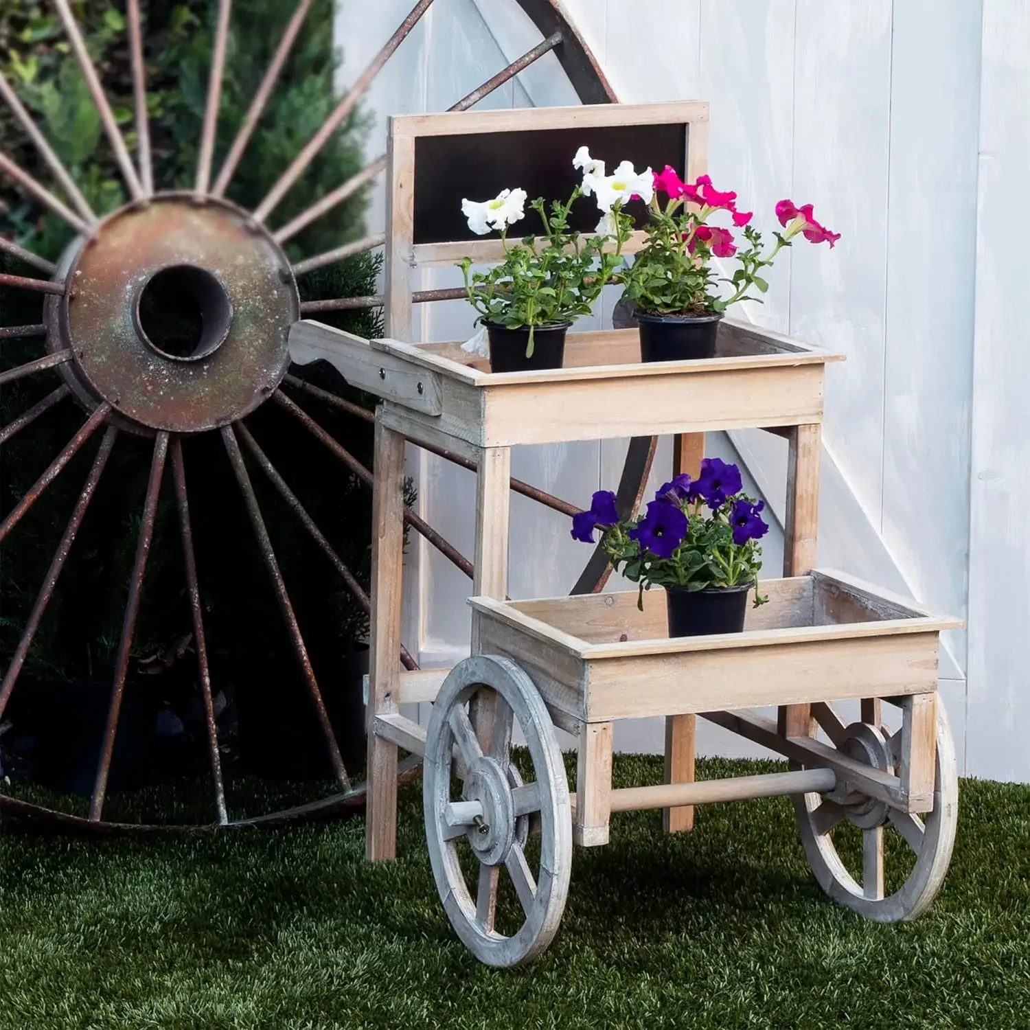 Indoor Outdoor 2 Tier Wooden Plant Display Stand Chalkboard Wheels 34 Inch Tall Off White