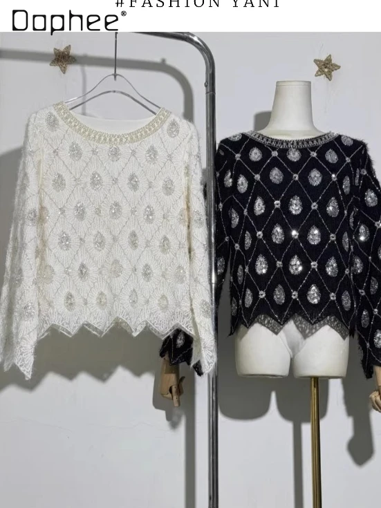 

European American Heavy Beaded Sequin Top Women Elegant Diamond Round Neck Long Sleeve Top Female Trendy Loose Fashion Tops