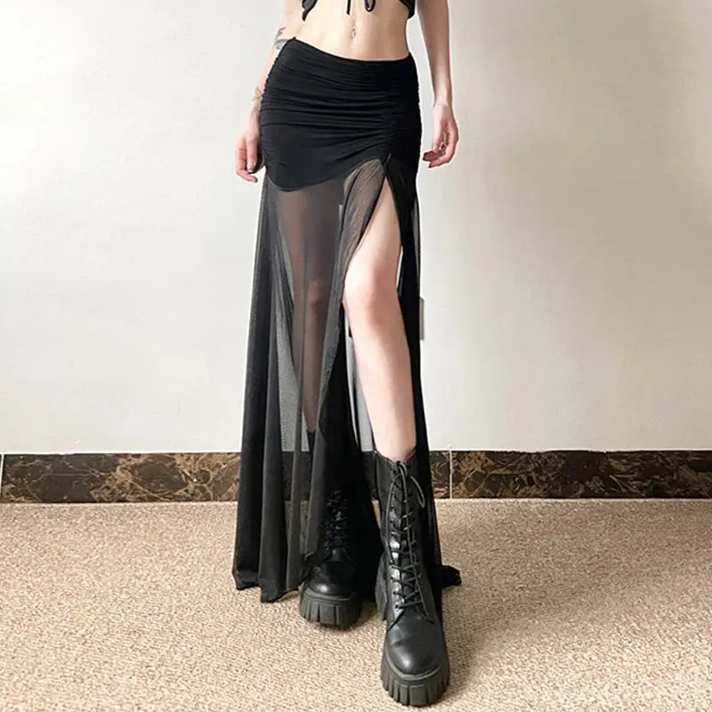 

Black Mesh Skirts for Women High Waist Sexy Split Long Skirt Y2k Gothic Stlye Famle Clothing Fashion Trendy Streetwear Summer