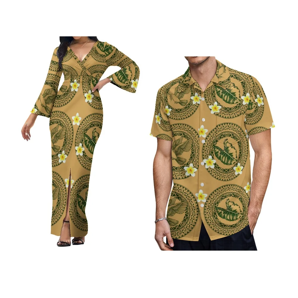 Summer Short Sleeve Couple Suit Custom Samoan Fijian Art Print Polynesian Ladies Fashion Slit Slim Long Skirt Pocket Shirt Men