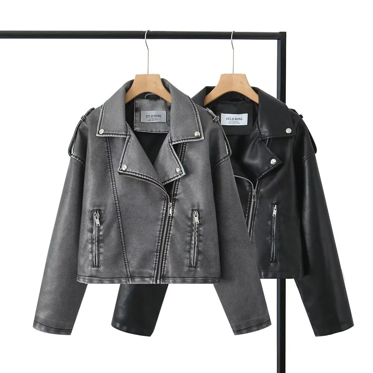 Vintage Bomber Jacket Women Lace Up Faux Leather Jacket Gothic Water Washed Moto Biker Coat Spring Autumn Women Clothing