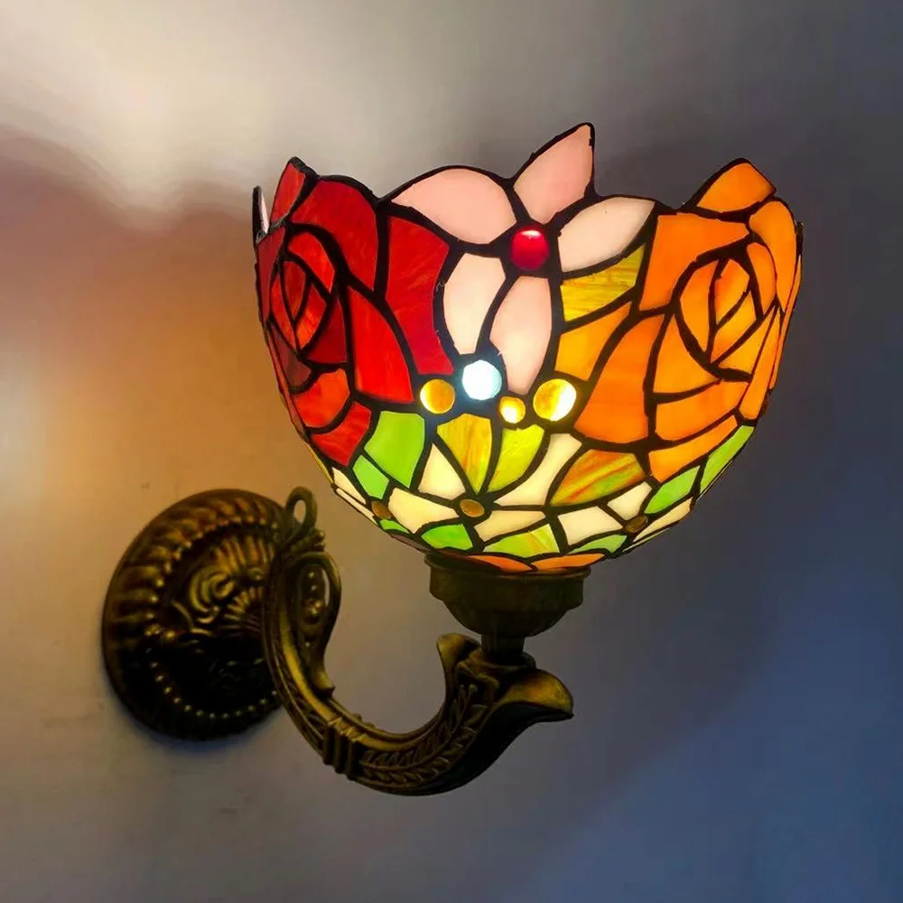 LongHuiJing Stained Glass Rose Flower Lampshade Wall Sconce  Mount Lamp Warm White LED for Living Room Hotel Decoration