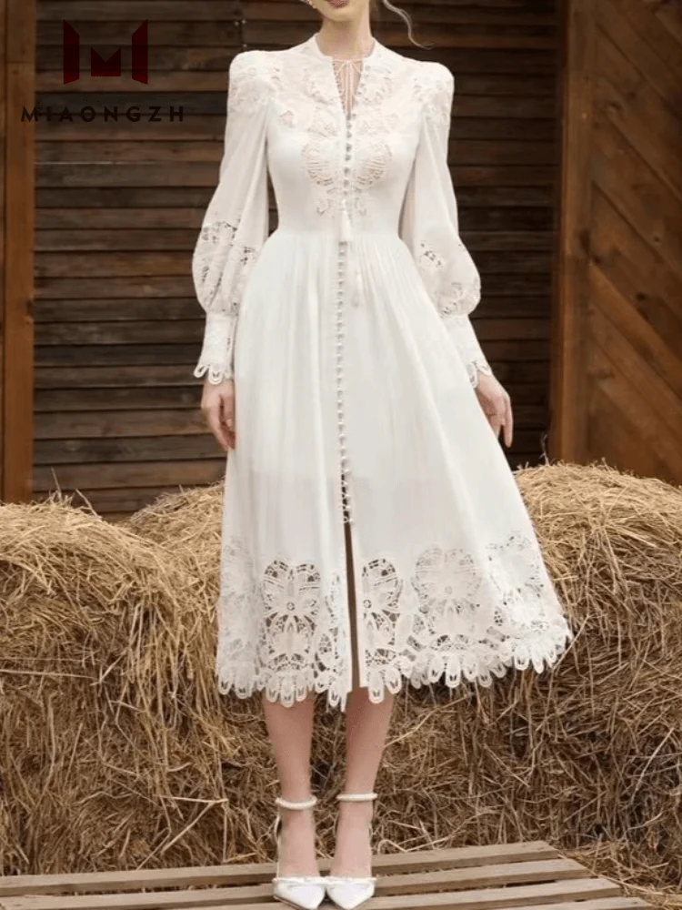 

2023 New White Embroidery Women Vintage Dresses Hollow Out Long Sleeve High Waist Lace Elegant Holiday Party Female Dress Autumn