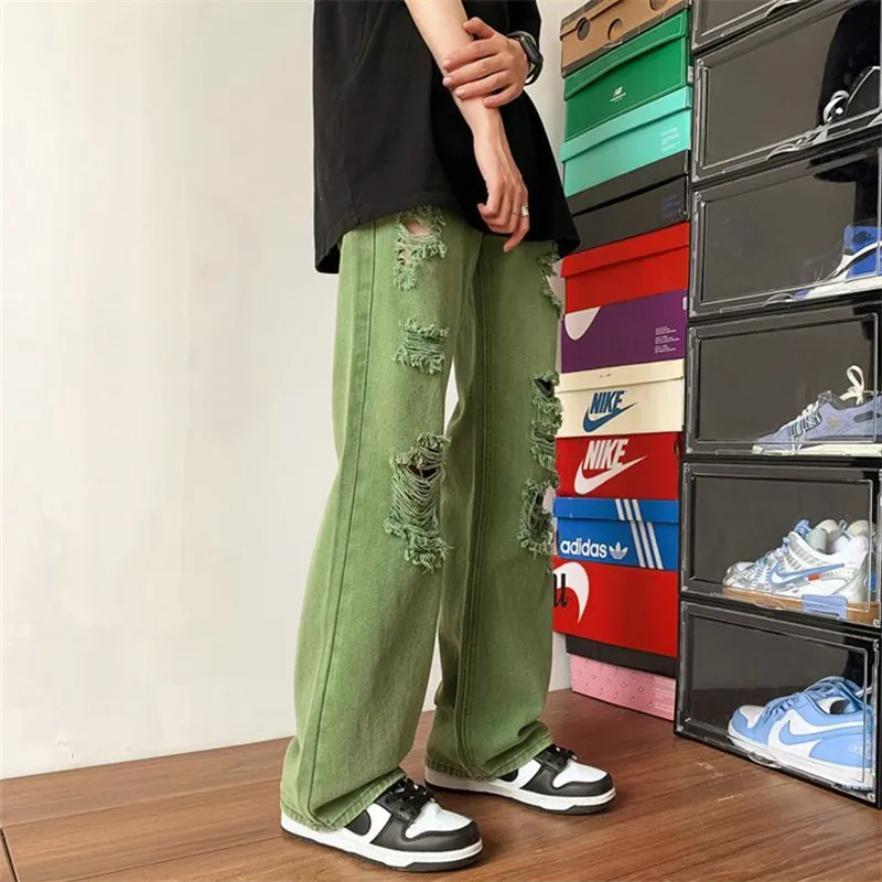 Green Jeans Men\'s Clothing High Street Ripped Straight Pants Solid Color Button Pocket Trousers Loose A008